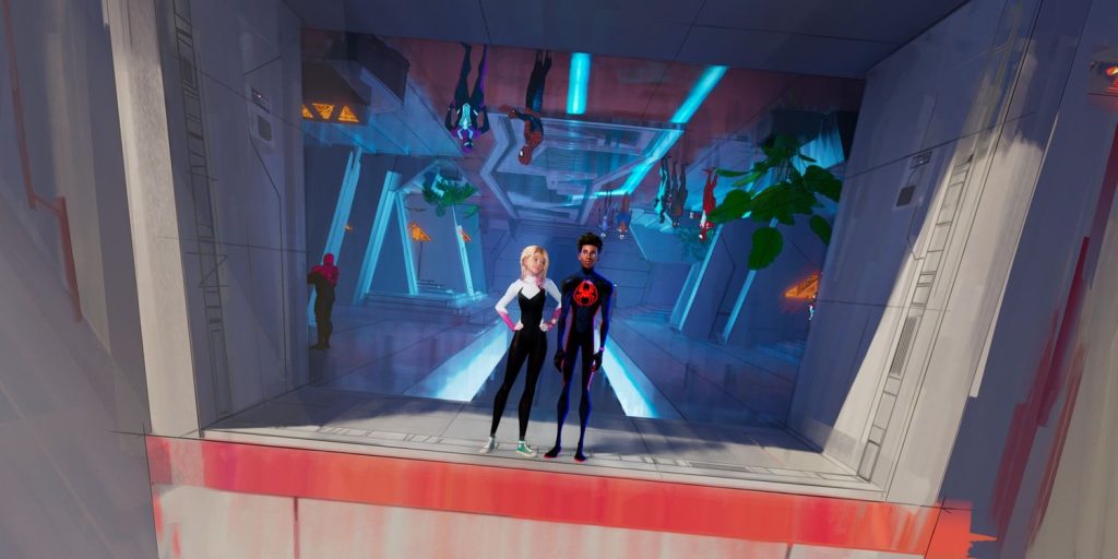 gwen-stacy-and-miles-morales-in-spider-society-hq-in-spider-man-across-the-spider-verse