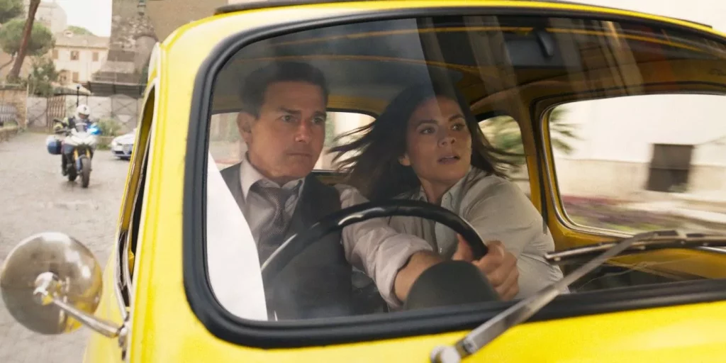 grace-ethan-hunt-mission-impossible-dead-reckoning-part-1 Hayley Atwell and Tom Cruise in Mission: Impossible - Dead Reckoning Part 1.