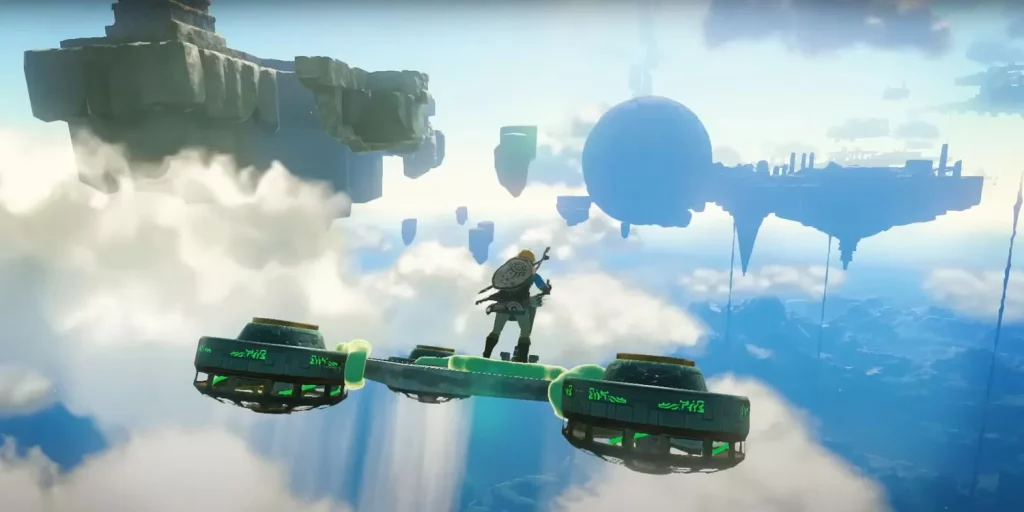 Zelda  Tears of the Kingdom Link standing on top of a flying machine 