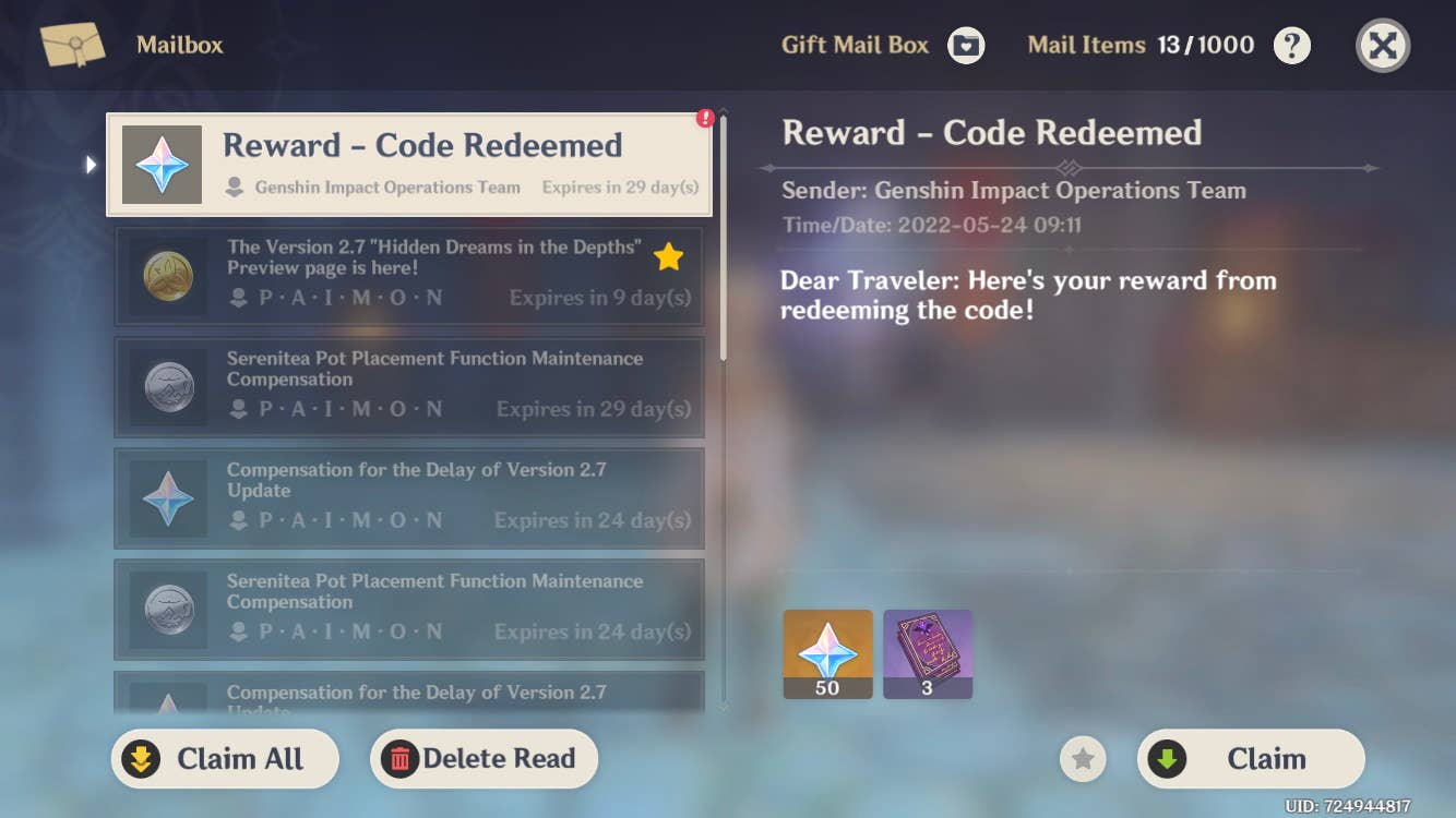 Mail interface for reward collection