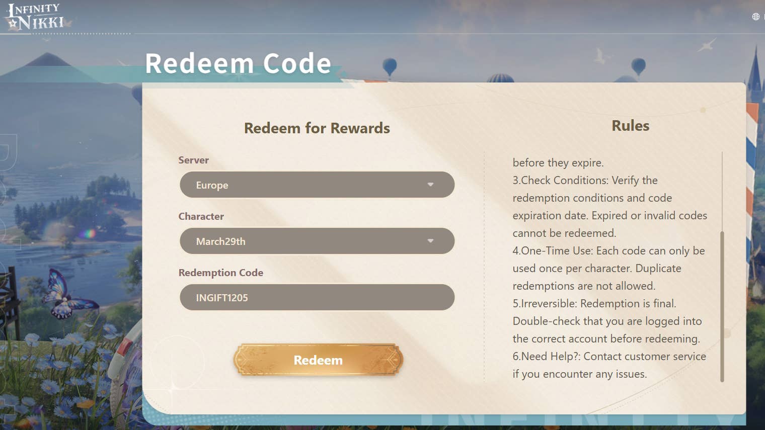 Infinity Nikki's code redemption interface