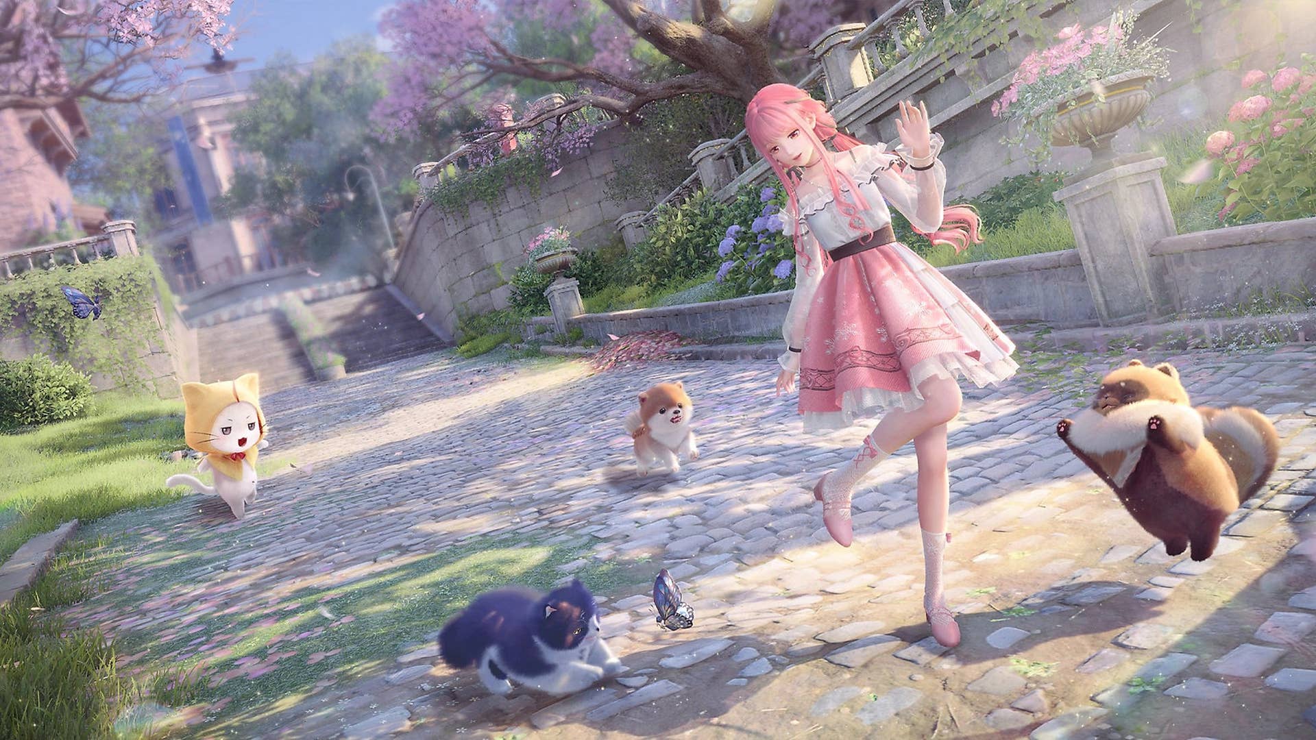 Nikki, a pink-haired protagonist, stands with animal companions.