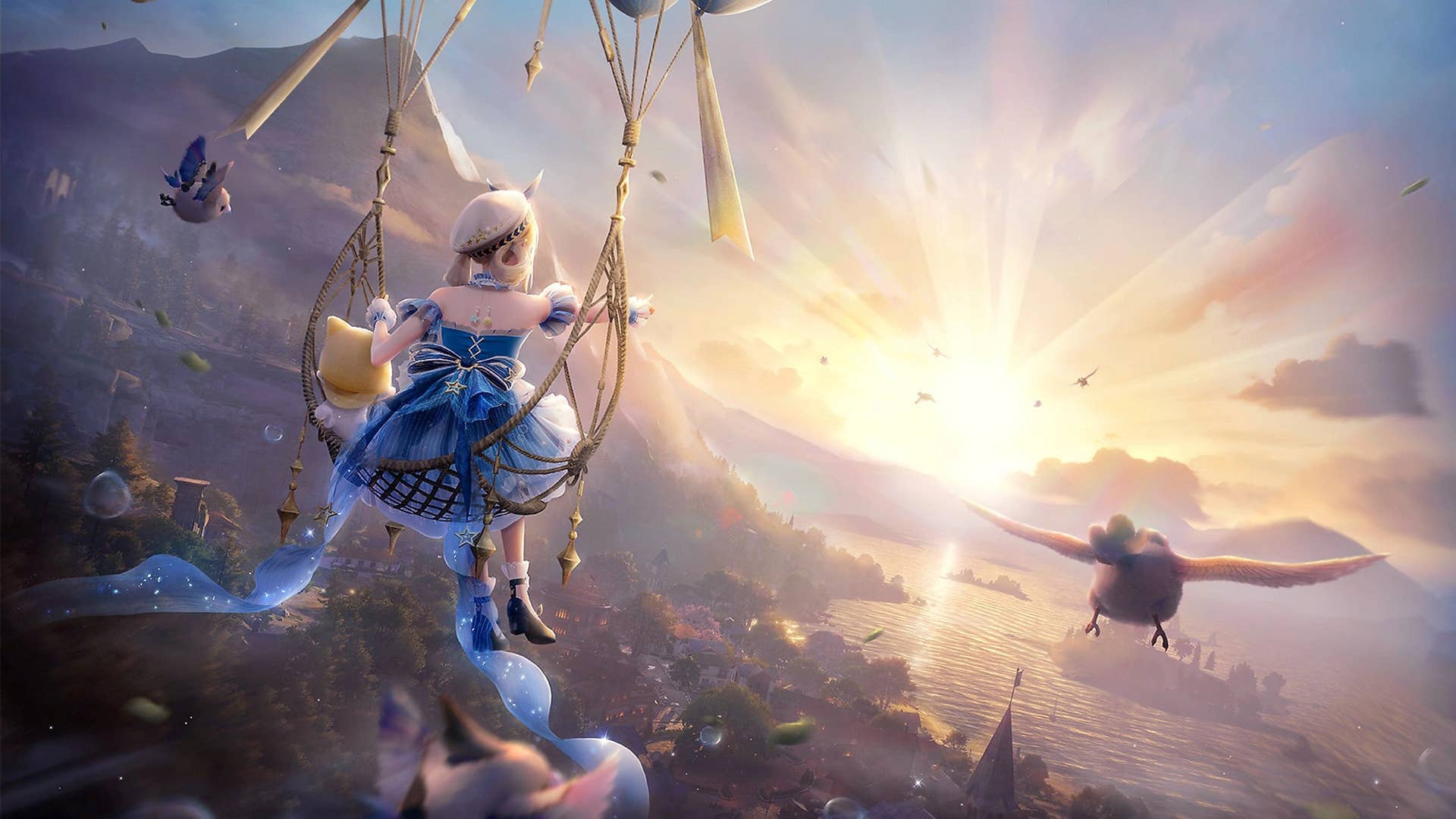 Characters soaring through clouds