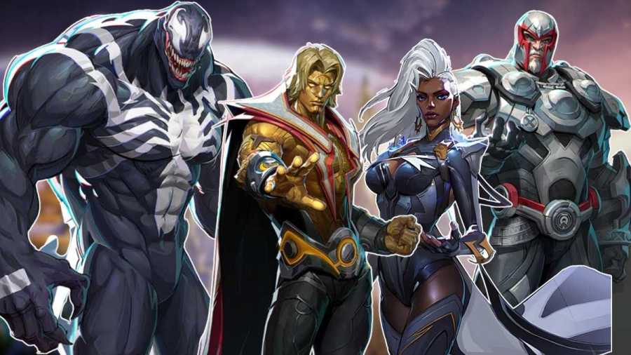 Characters in Marvel Rivals including Venom, Warlock, Storm and Magneto.