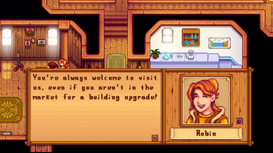 A screenshot showing Stardew Valley Robin at the counter in her house