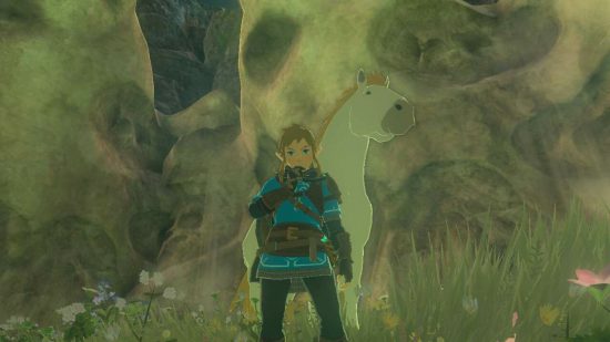 Majestic white stallion in mountainous terrain