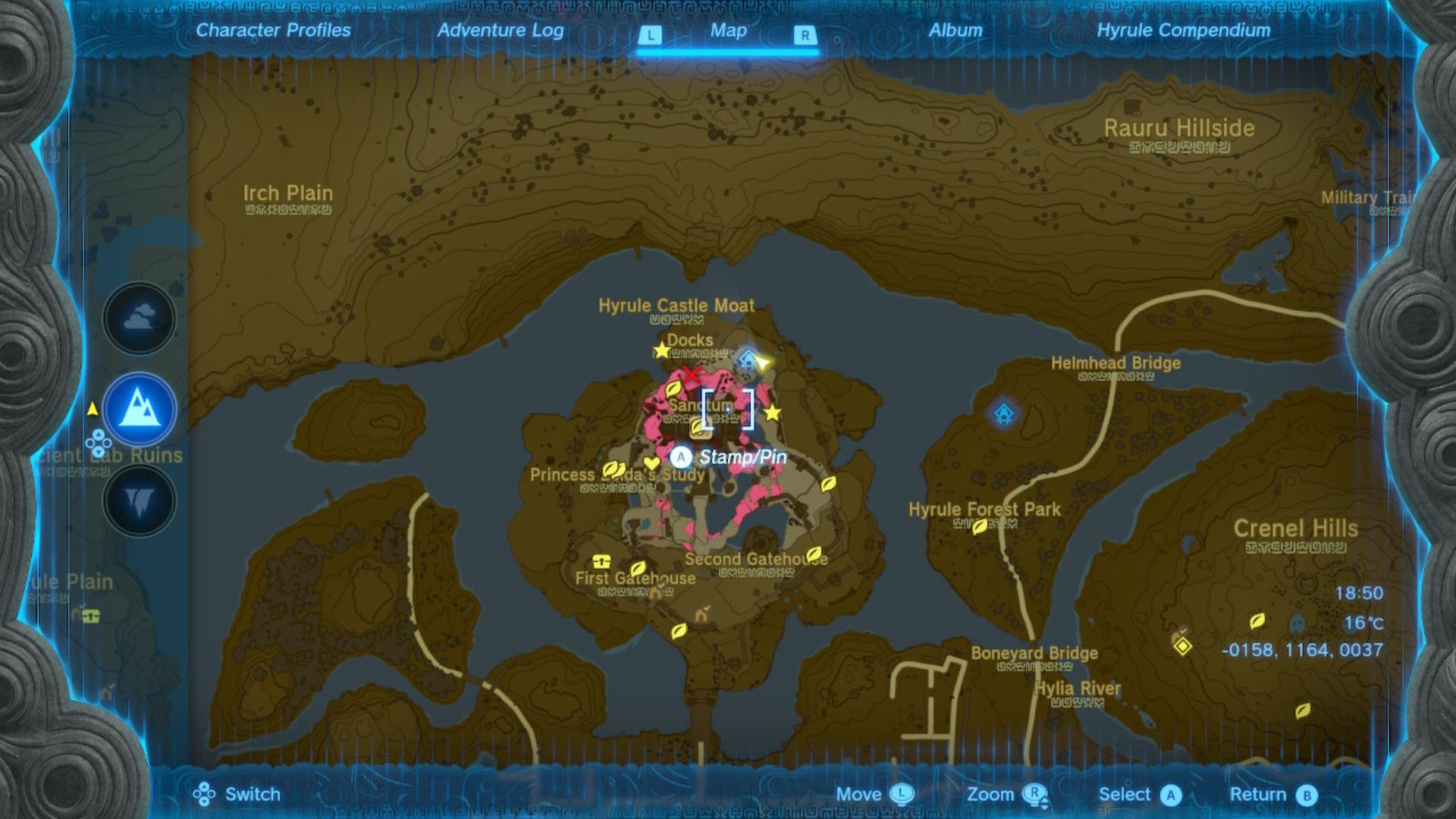Zelda: Tears of the Kingdom Hylian shield entry locations highlighted on a brown and white map of Hyrule dotted with different pins and stamps, roads and rivers.