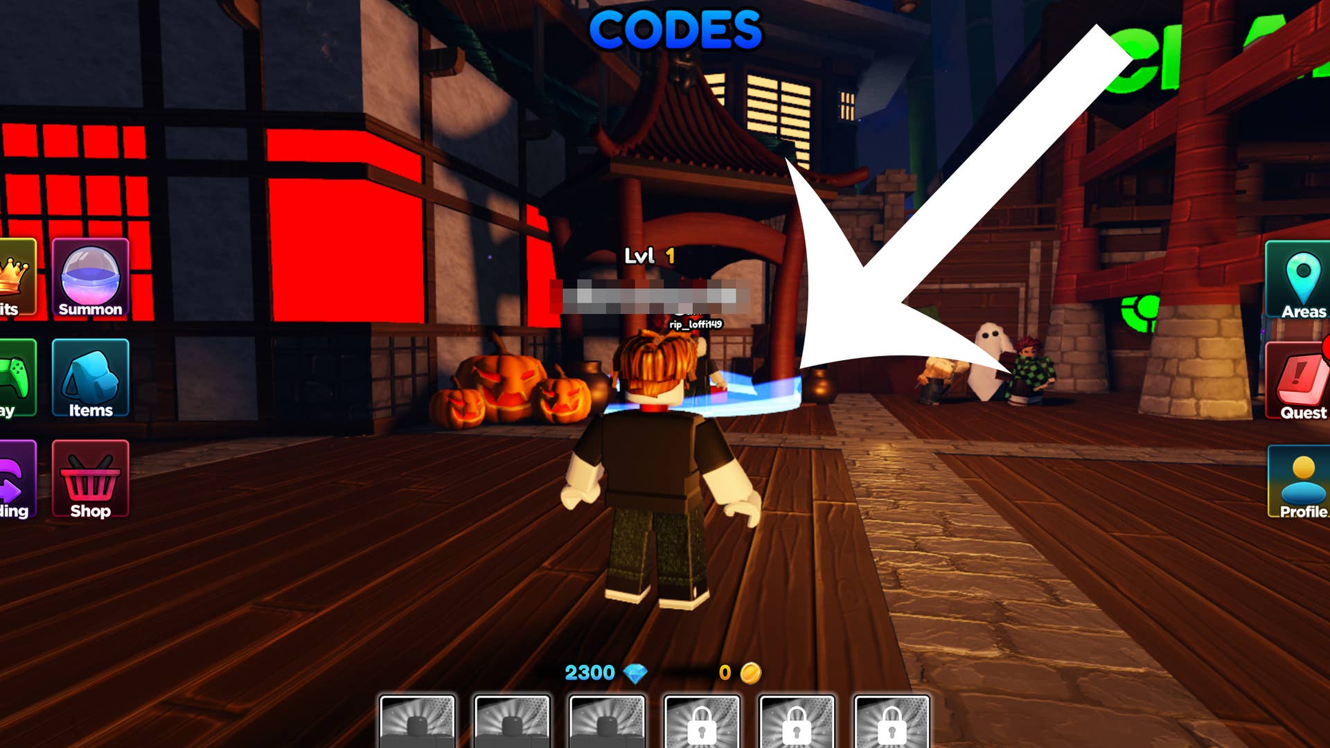 Arrow pointing at the section of the map players need to head to to redeem codes in Anime Royale.