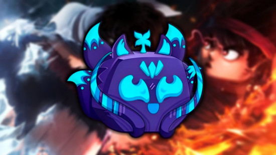 Blox Fruits Kitsune icon on front of a blurred image of two pirates fighting using fire and ice
