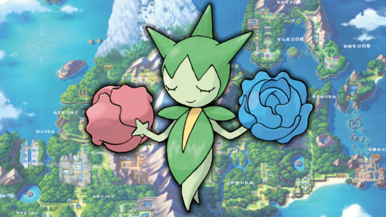 Budew evolution - Roselia in front of a map of Sinnoh