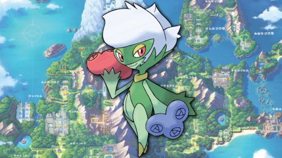 Budew evolution - Roserade in front of a map of Sinnoh