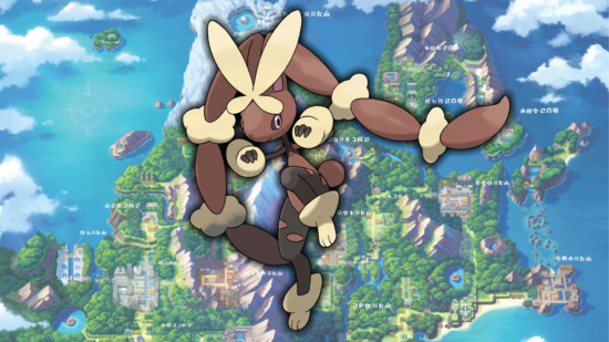 Buneary evolution - Mega Loppuny in front of a map of Sinnoh