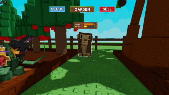 A screenshot of a monkey Grow a Garden pet with its name, age, and hunger above it