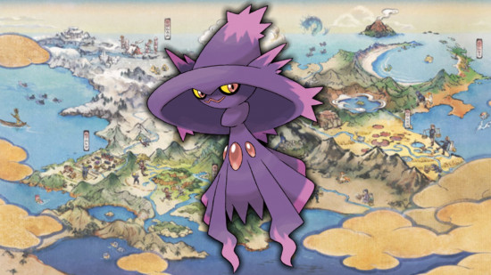 Misdreavus evolution - Mismagius in front of a map of Hisui