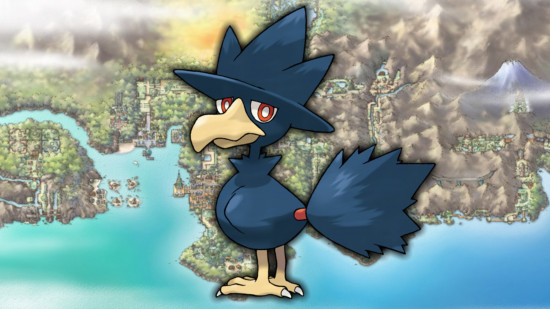 Murkrow evolution - Murkrow in front of a map of Johto