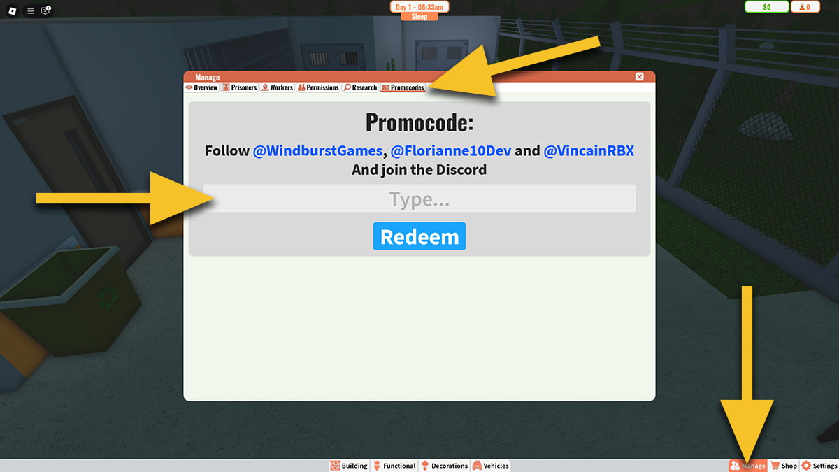 Image of the Manage screen in My Prison on Roblox, with arrows pointing at the Manage button, the Promocode tab, and the code input text box.