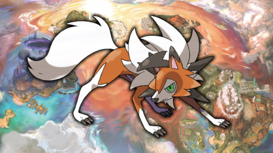 Rockruff evolution: Dusk Lycanroc in front of a map of Alola