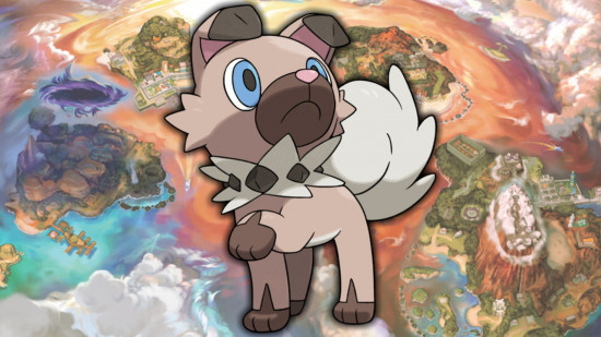 Rockruff evolution: Rockruff in front of a map of Alola