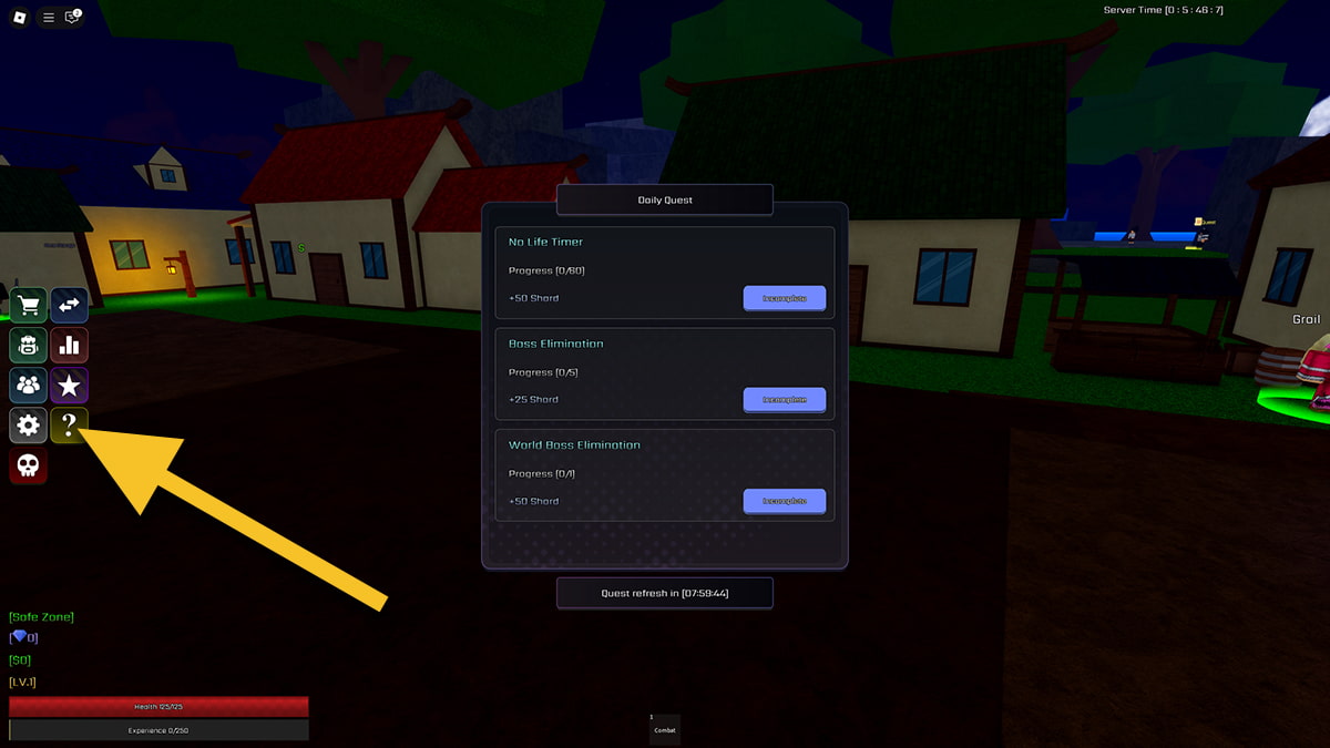 Image of the Daily Quests window in Second Piece on Roblox, with an arrow pointing at the question mark icon.