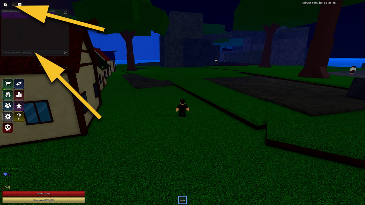 Image of the player near the hub village in Second Piece on Roblox,with arrows pointing at the Chat icon and the text input box.