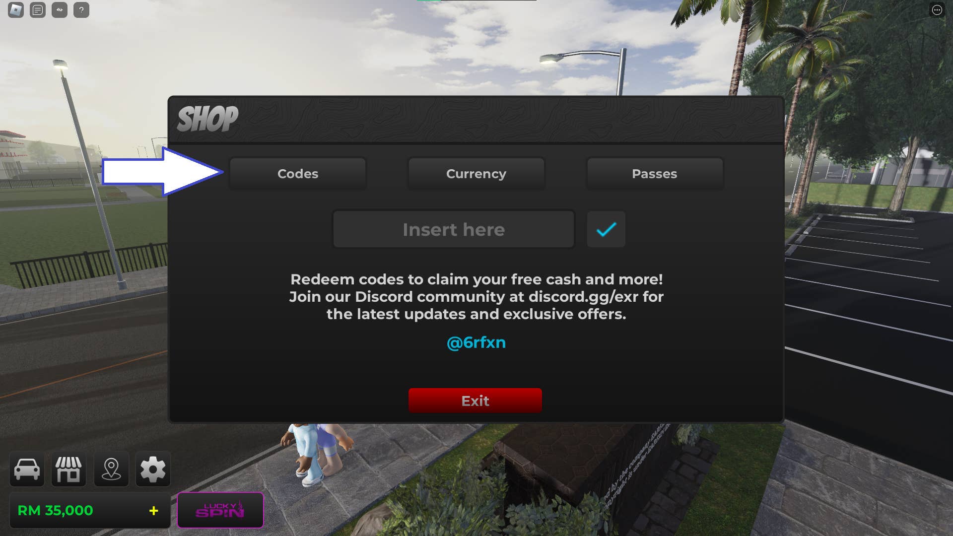 Codes page screenshot