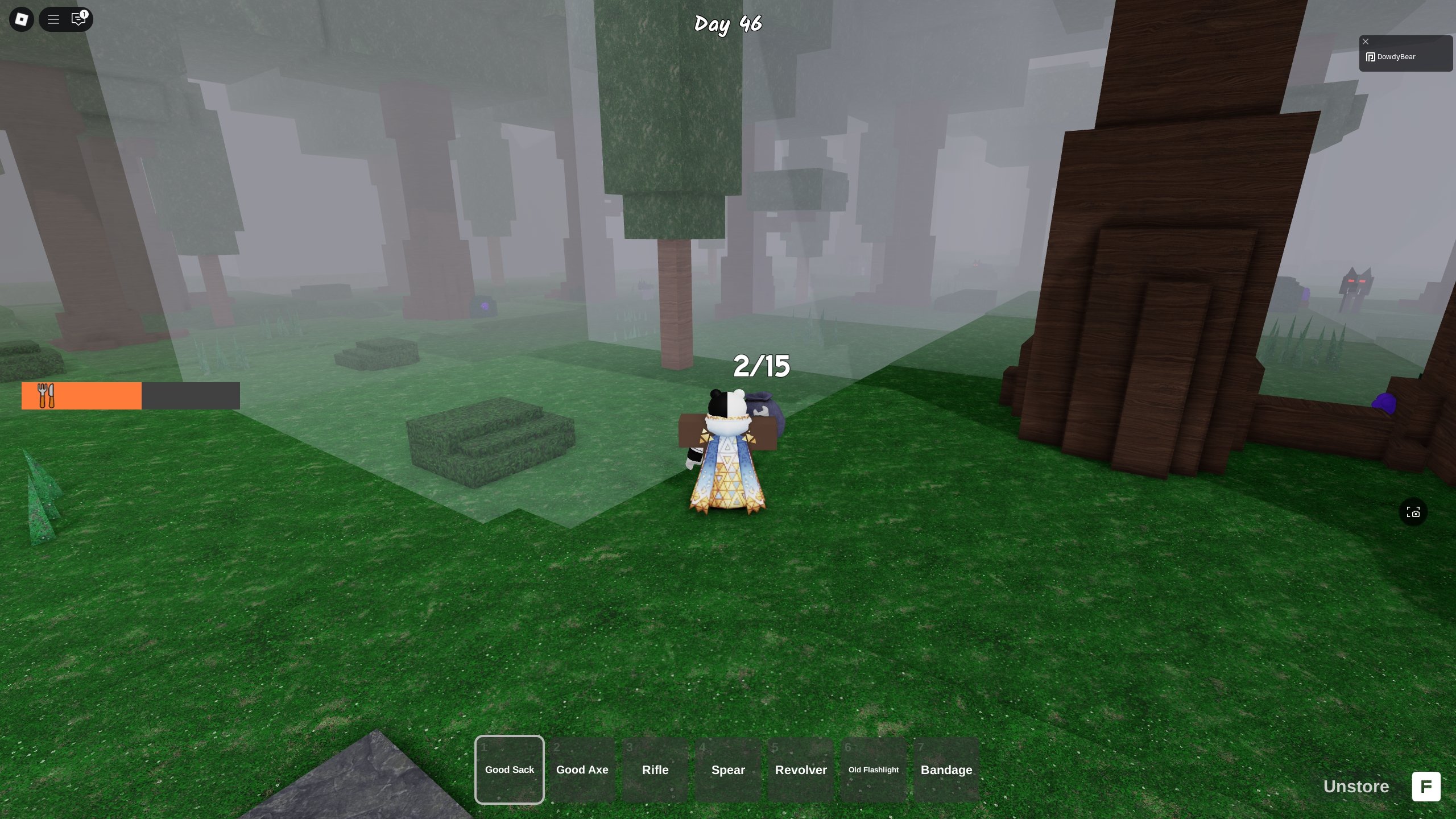 A 99 Nights in the Forest is facing a tree