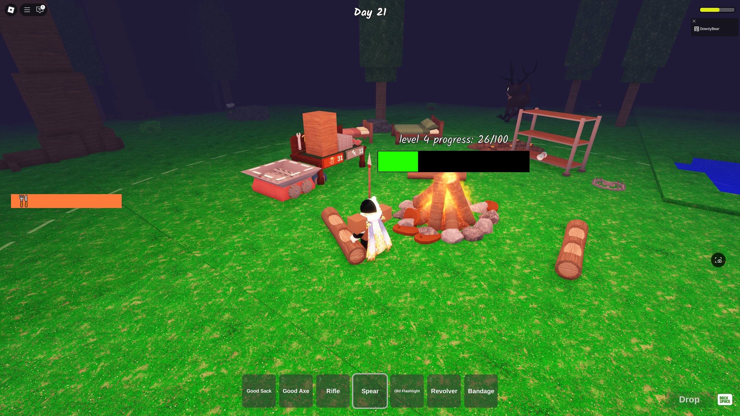 A 99 Nights in the Forest player has a bunch of cooked food around the fire