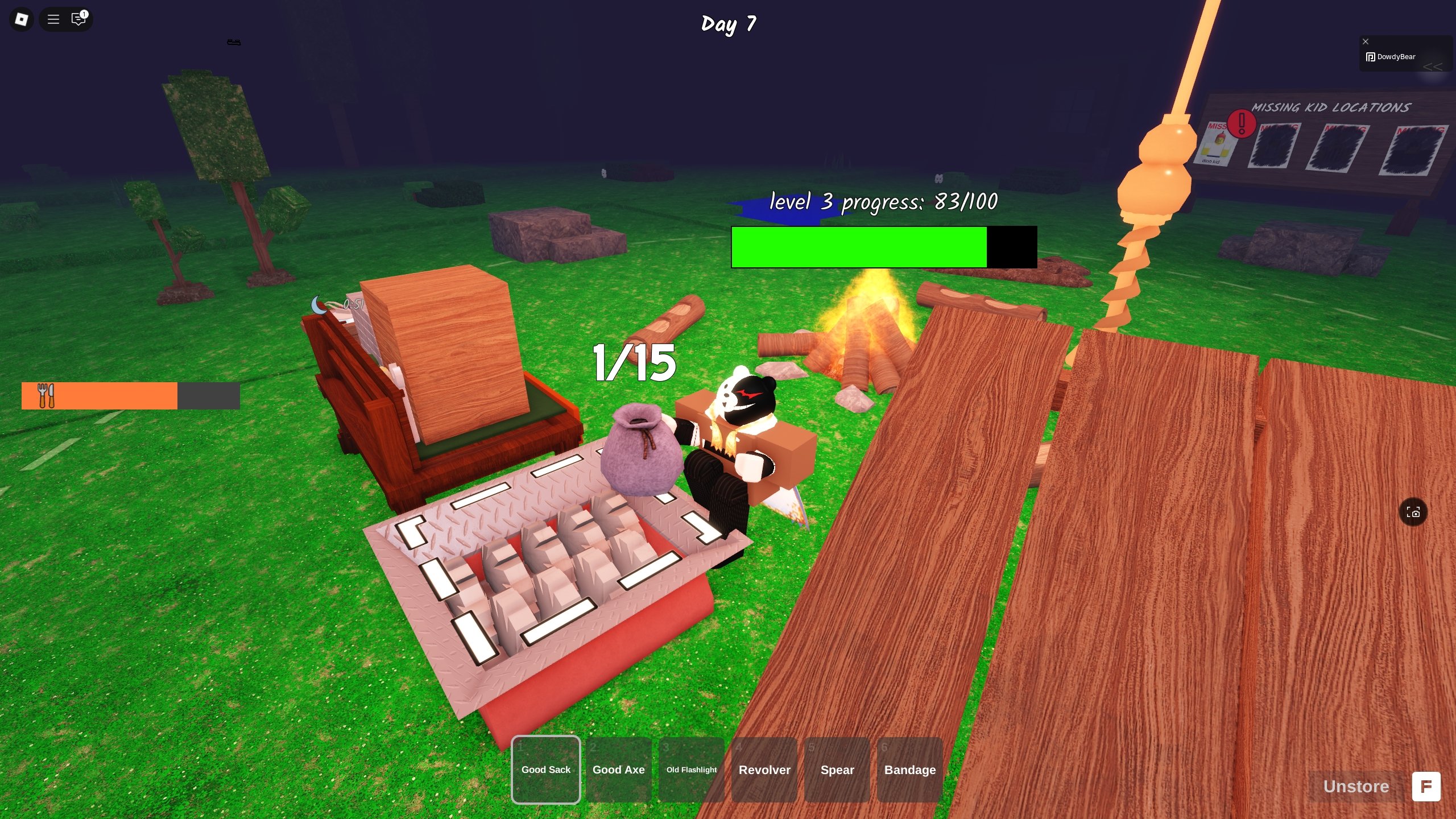 A 99 Nights in the Forest player is emptying the contents of his sack into the shredder