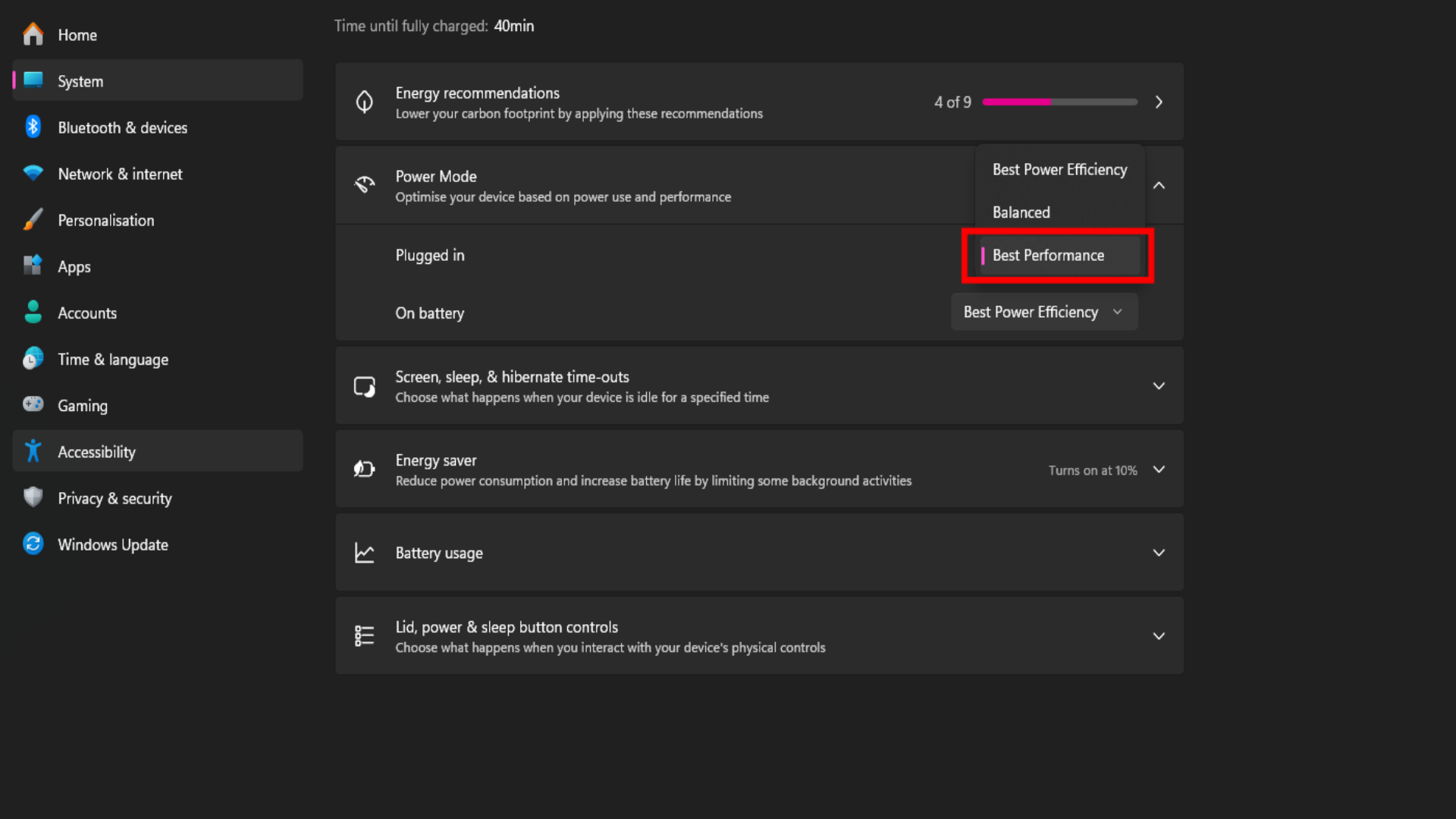 Power management settings panel (Credit: Microsoft)