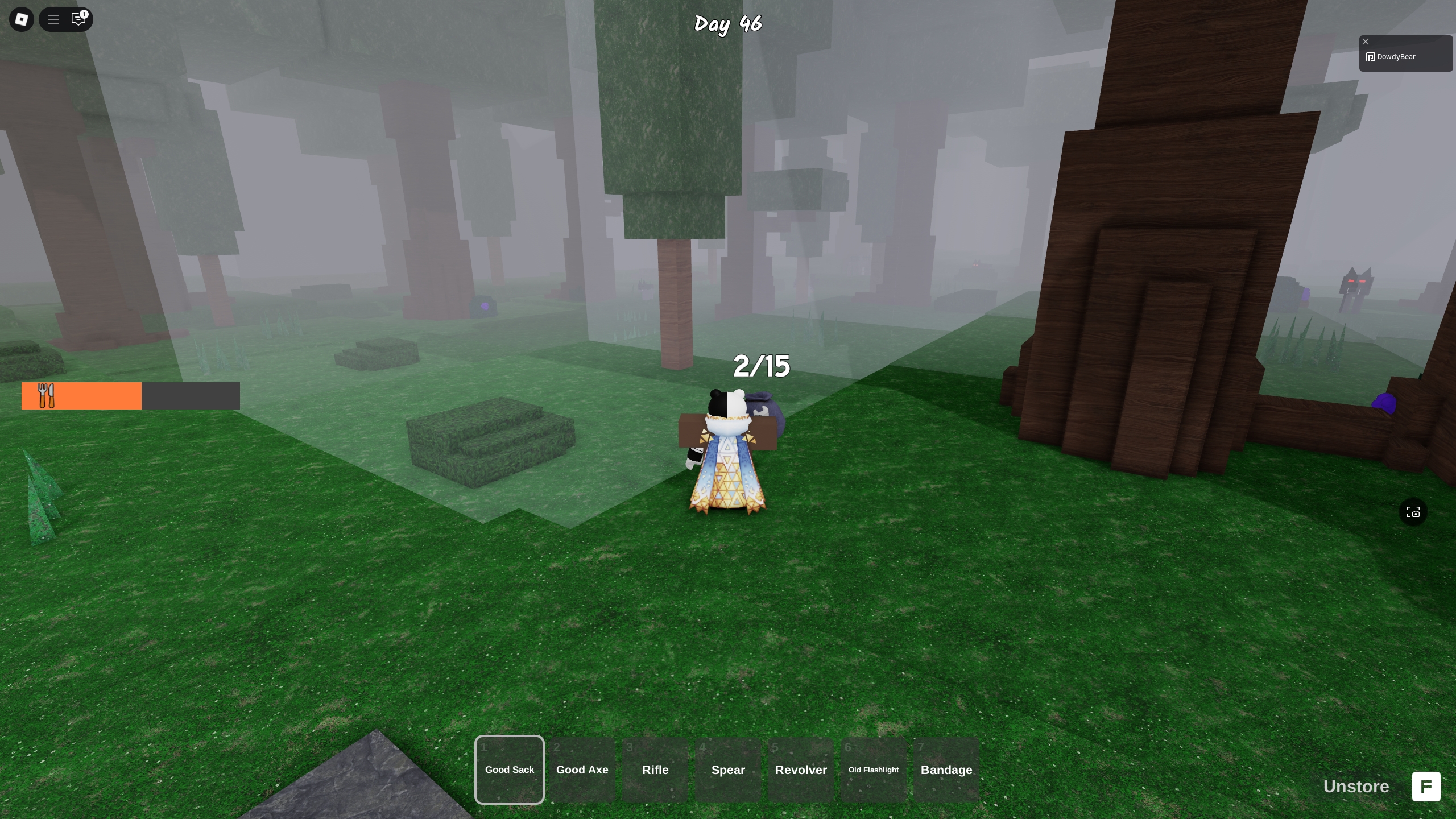 A 99 Nights in the Forest is facing a tree