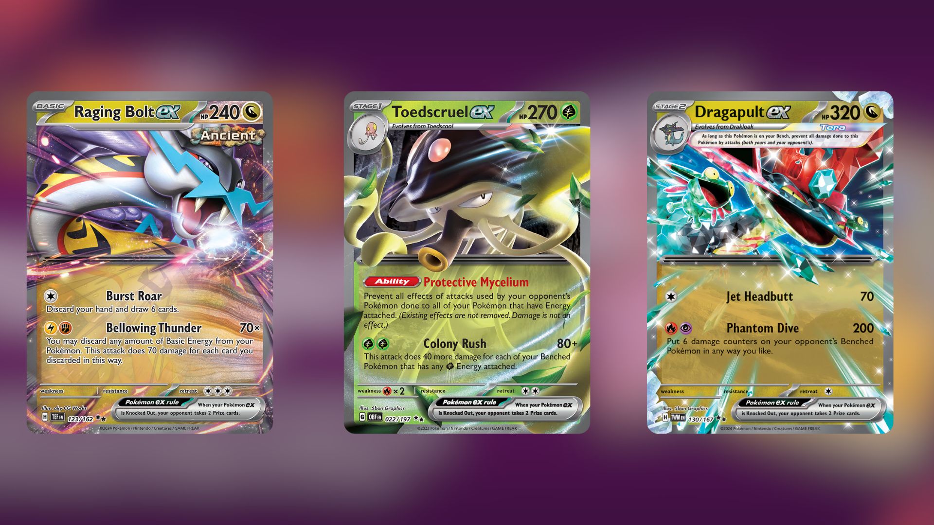 Raging Bolt ex, Toedscruel ex, and Dragapult ex (Image via TPC)