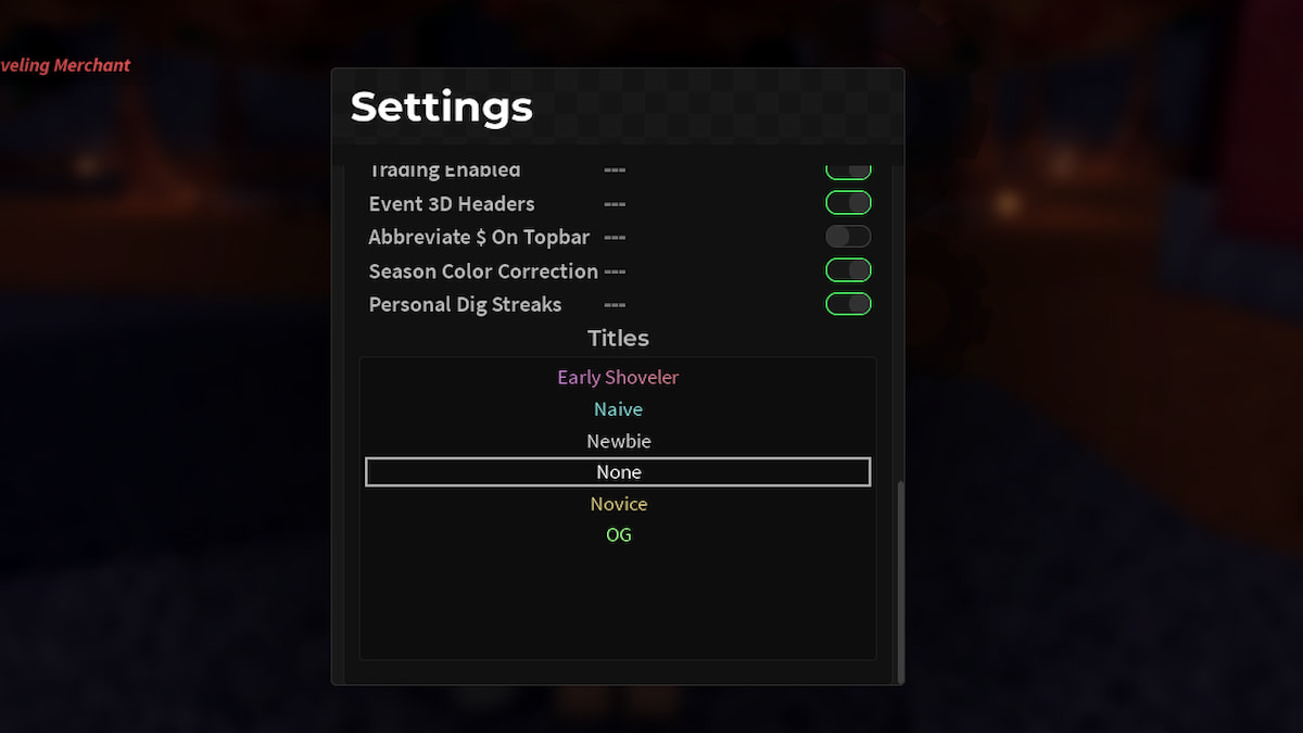 The Settings Menu in Roblox DIG