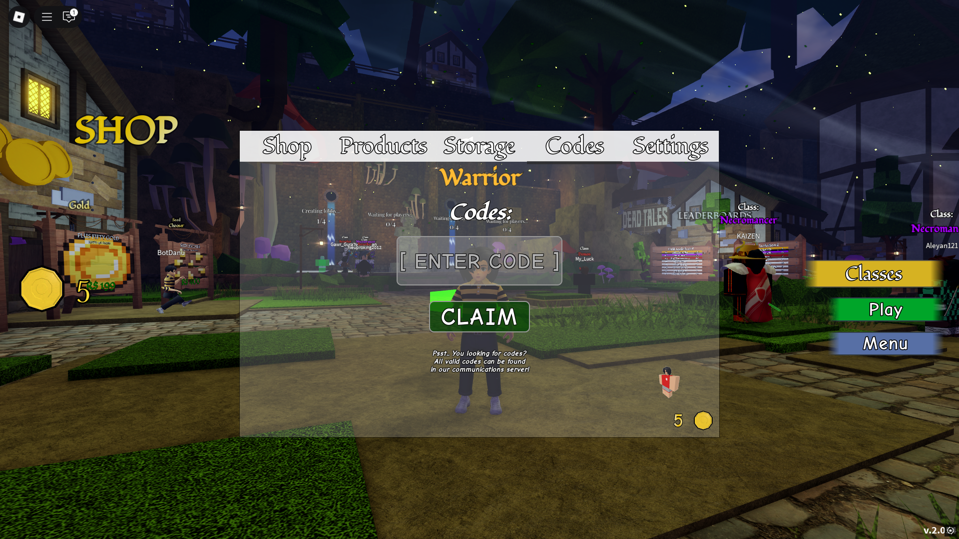 Code redemption interface (Roblox screenshot)