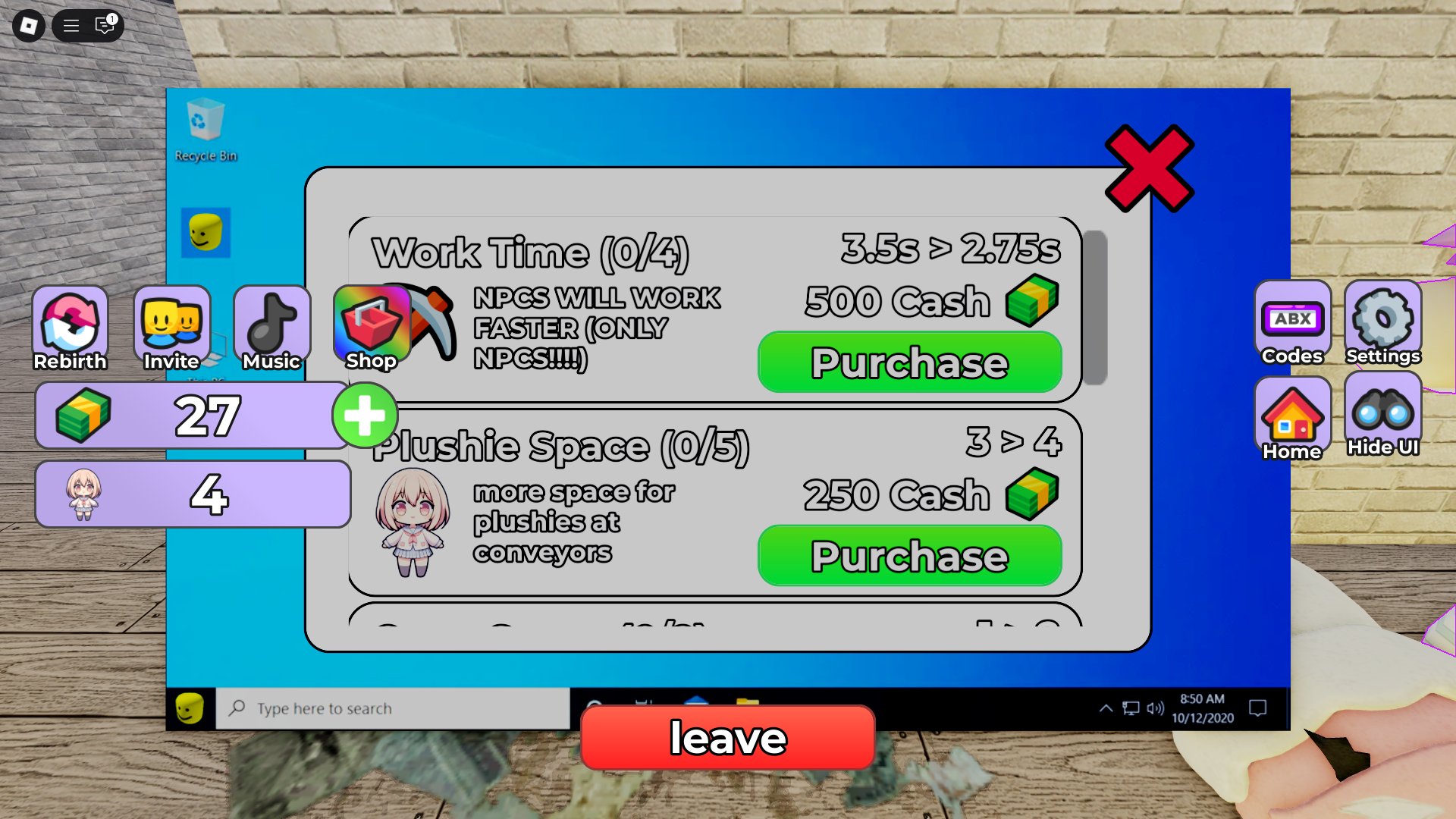 Buying updrages with cash (Image via Roblox)