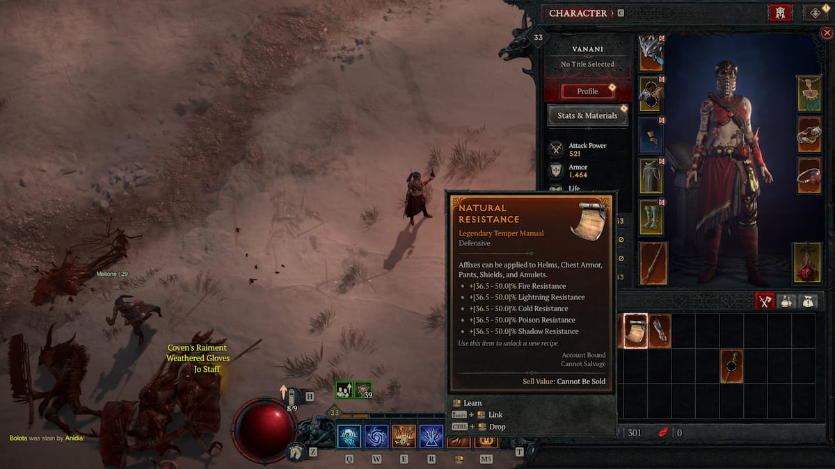 Tempering Recipe in Inventory in Diablo 4