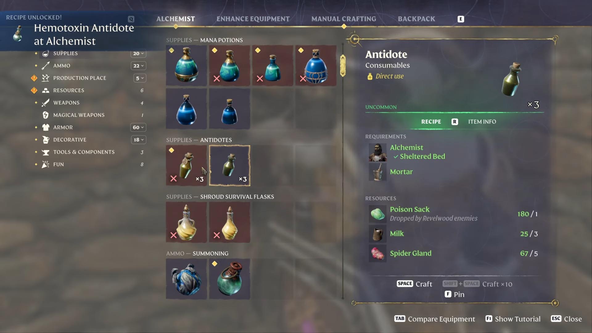 Enshrouded Antidote crafting recipe with Alchemist