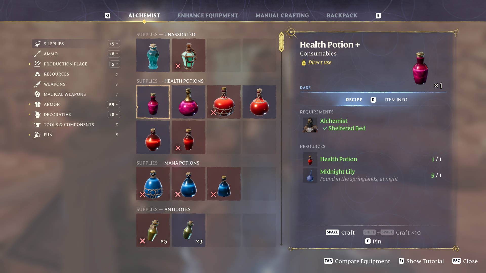Enshrouded Health Potion Plus crafting recipe with Alchemist