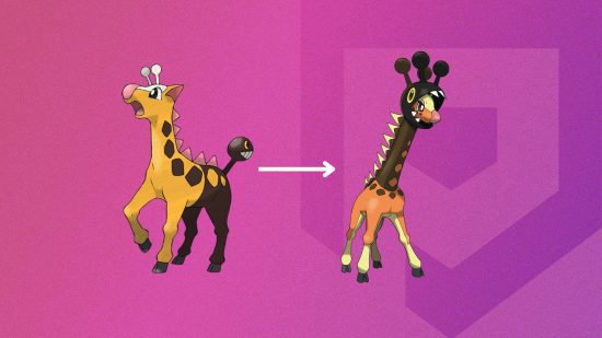 Girafarig evolution The two stages of Girafarig evolution and Farigiraf on a pink background