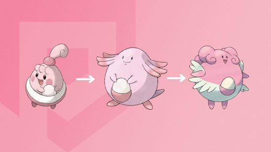 Happiny evolution stages on pink background