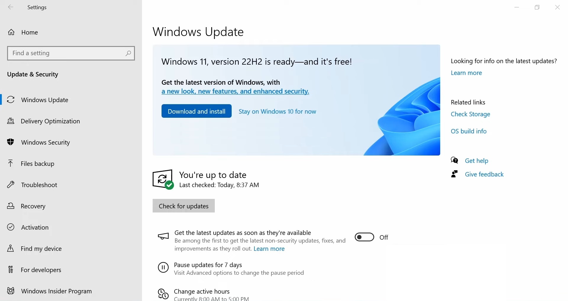 Windows Update settings interface