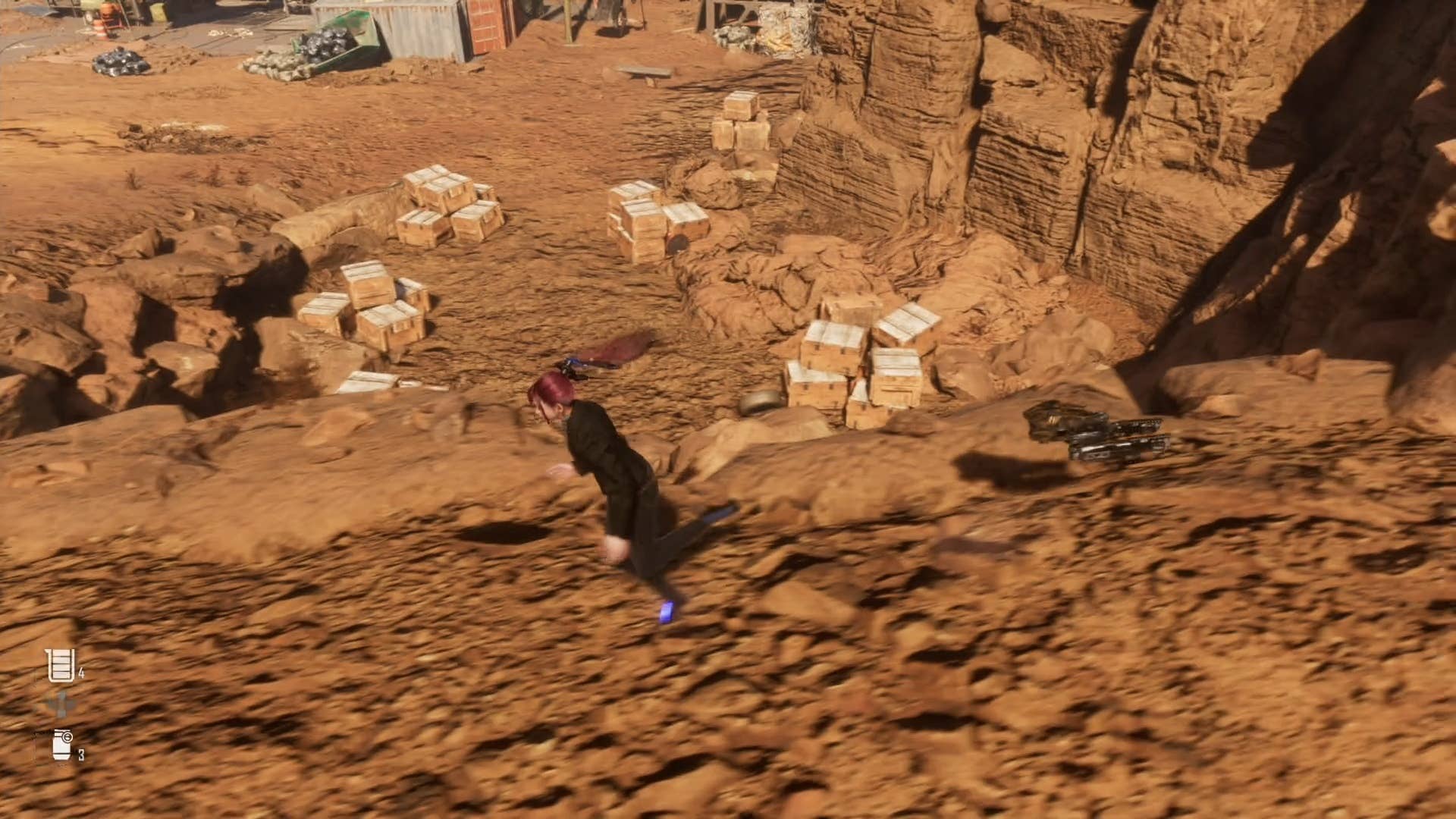 Eve in desert environment near destructible containers