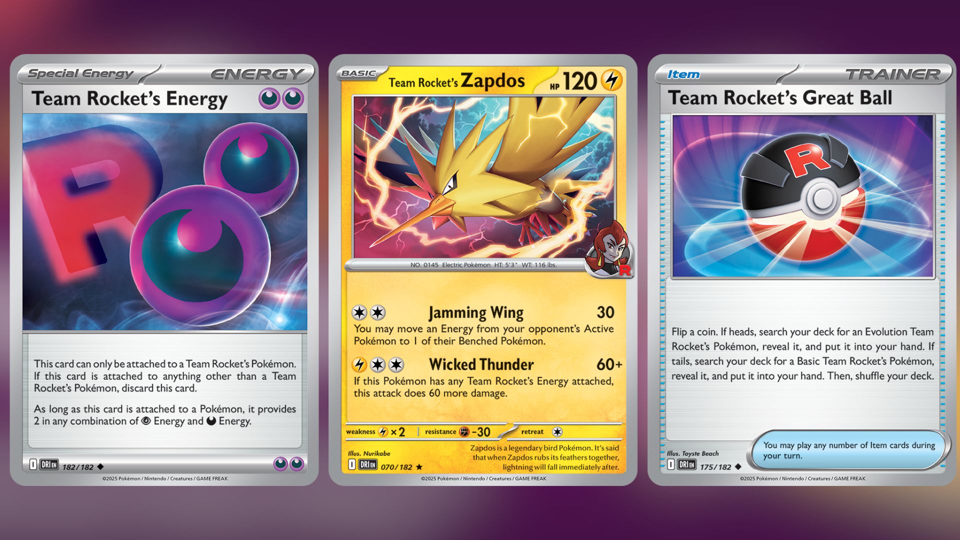 Team Rocket's Energy, Team Rocket's Zapdos, and Team Rocket's Great Ball (Image via TPC)