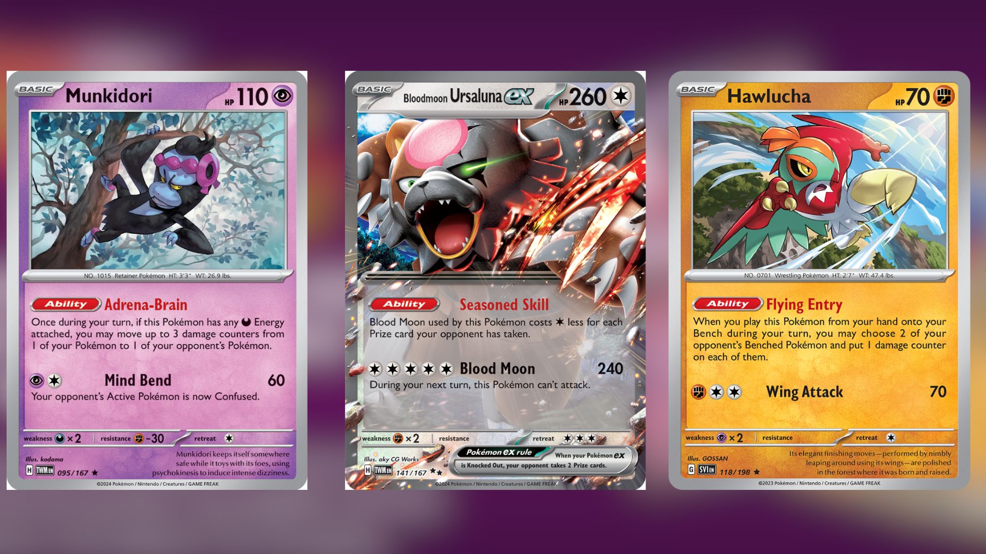 Munkidori, Bloodmoon Ursaluna ex, and Hawlucha (Image via The Pokemon Company)