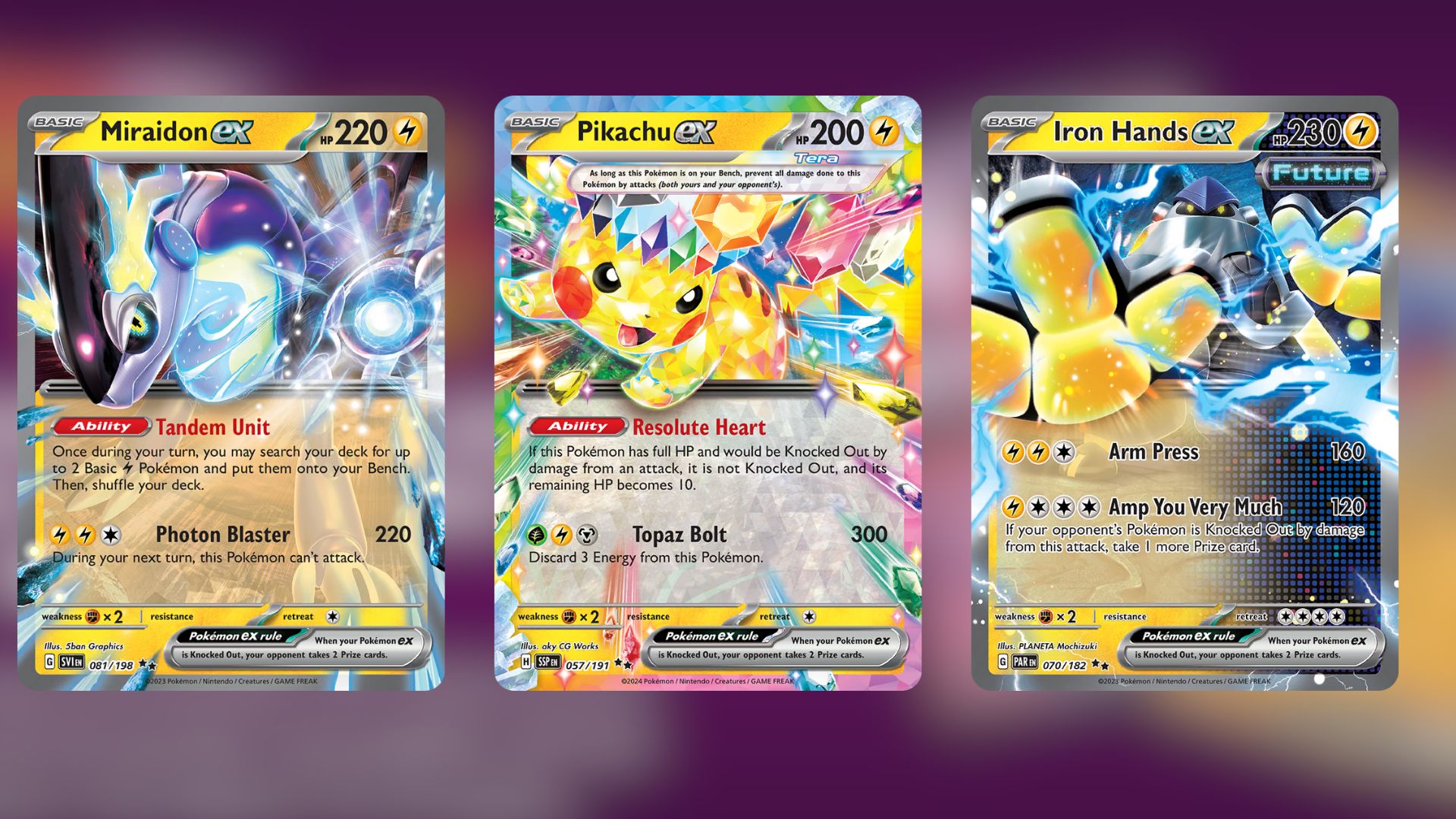 Miraidon ex, Pikachu ex, and Iron Hands ex (Image via The Pokemon Company)