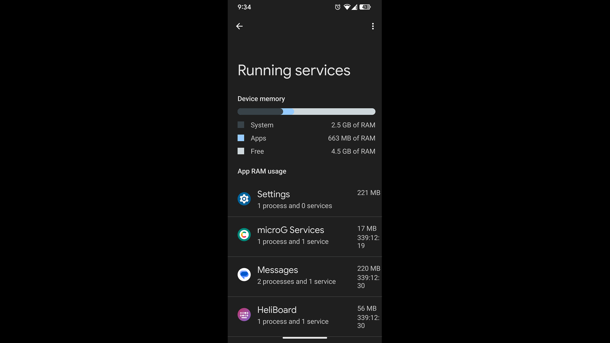 Android diagnostic interface showing active processes