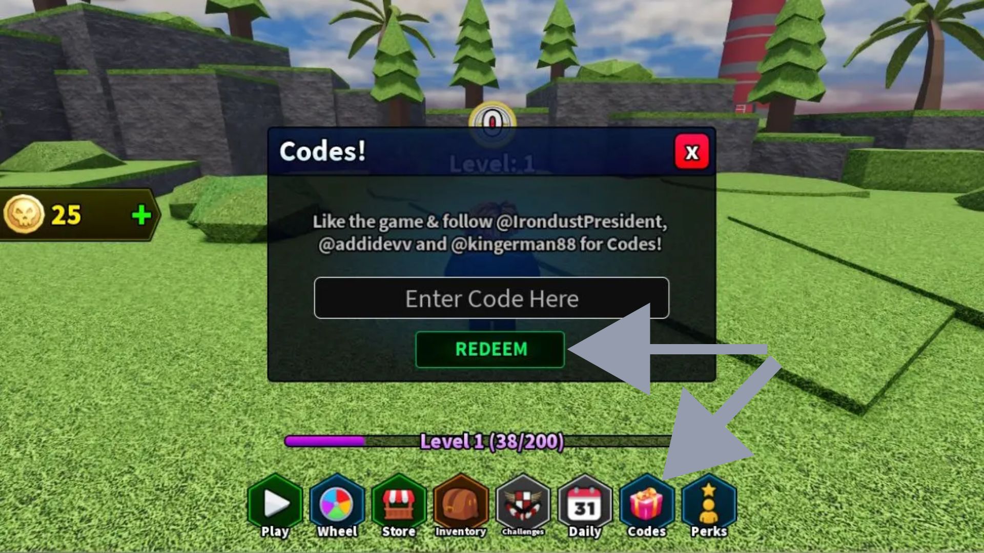Redeeming in-game codes (Source: Roblox)