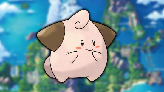 Clefairy evolution Cleffa stood in front of a blurred map of Sinnoh