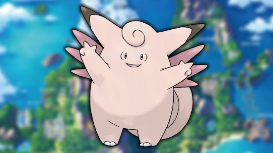 Clefairy evolution Clefable stood in front of a blurred map of Sinnoh