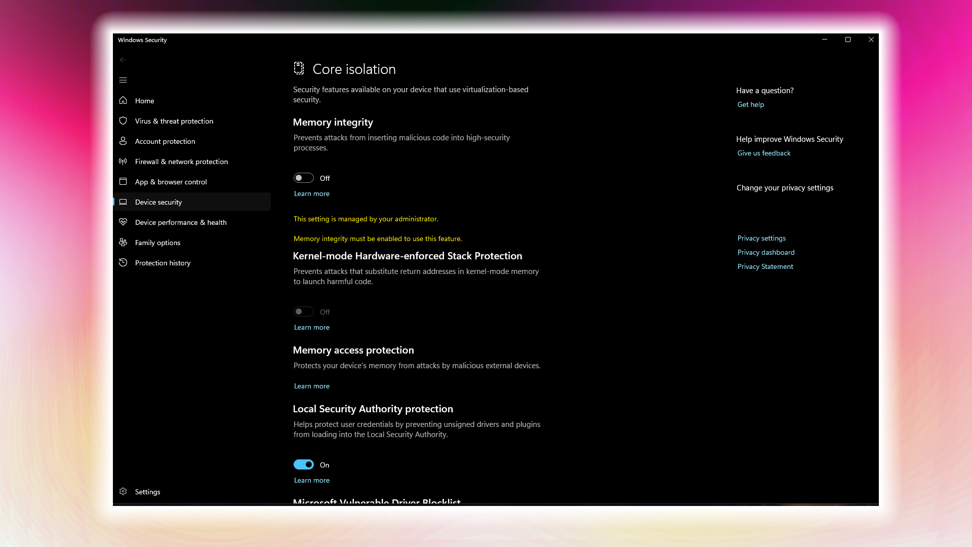 Windows security settings adjustment