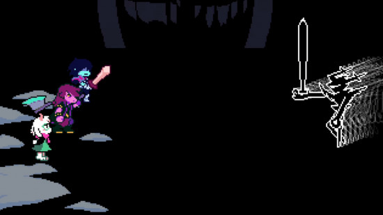 Deltarune Chapter 3 secret boss: Kris, Susie, and Ralsei facing off against the Roaring Knight